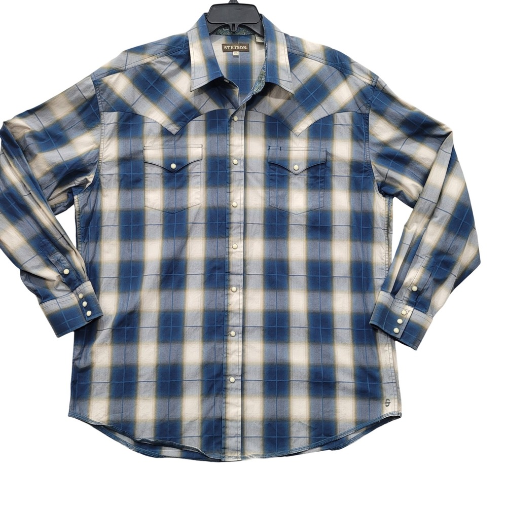 Stetson Mens Plaid Western‎ Snap Button Long Sleeve Shirt 2XL Blue White Tan